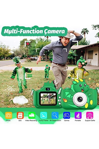 ZONEY لعبة كاميرا ديناصور للأطفال - كاميرا فيديو رقمية عالية الدقة (خضراء)