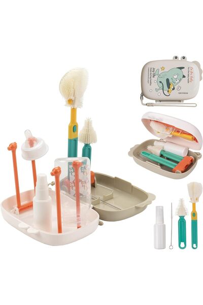 Yelajoy 6-in-1 Travel Baby Bottle Cleaning Kit - Portable Drying Rack & Silicone Brushes