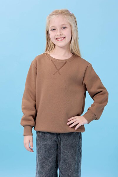 Perendi Unisex Basic Crew Neck Fleece-Lined Winter Sweatshirt - Milky Brown