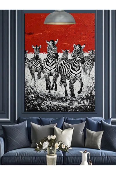 Artmeg Zebra Sürüsü Siyah Beyaz ve Kırmızı Dekoratif Kanvas - Mdf Ahşap Tablo