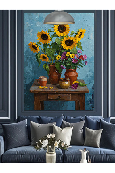 KanvasSepeti Vază cu floarea-soarelui Pictură în ulei de înaltă calitate text...