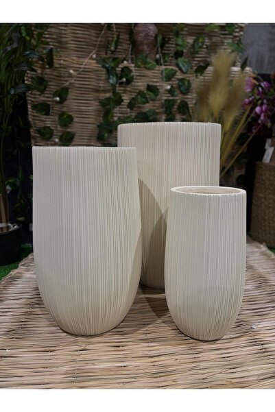 Ekodoğa 3'Lü Krem Uzun Çizgili Silindir Hafif Beton Saksı Seti