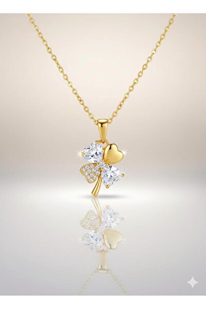 VerdeHome Çelik Dört Yapraklı Yonca ve Kalp Detaylı Zirkon Taşlı Kadın Kolyesi – Şans Sembolü Parlak Tasarım