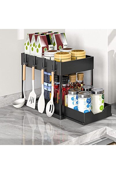 JZS Under Sink Organizer, 2 Tier Cabinet Drawer with Hooks for Bathroom Kitchen