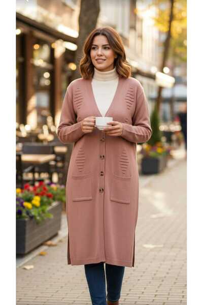 güncüoğlu Long Sleeve Knee-Length Buttoned One Size Knitwear Cardigan