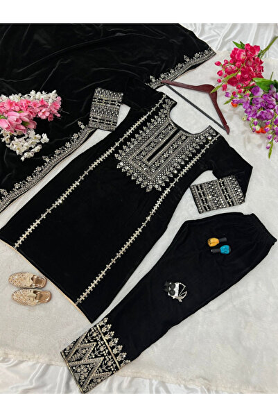 MYSMAR Black Viscose Velvet Top Bottom & Dupatta - HRT5523 | Black