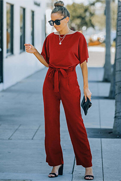 WildFashion Elegant long jumpsuit with short sleeves, red A866-3