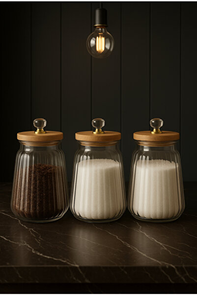 Pembelia Life 3-Piece Bamboo Vacuum Lid Glass Tea Sugar Salt Jar Set