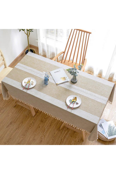bity thok Luxury linen dining tablecloth in beige with a modern rectangular design, wrinkle-resistant