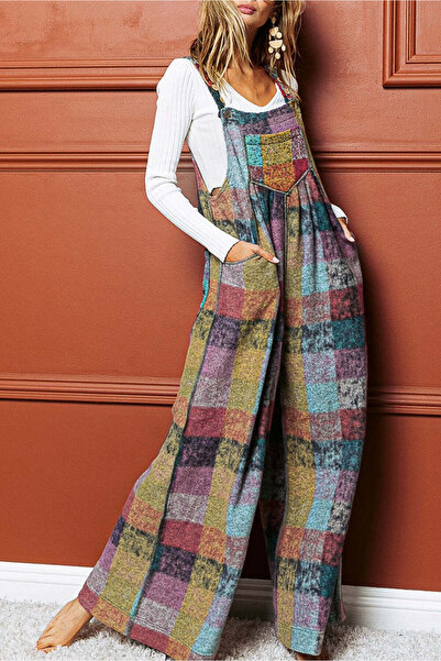 WildFashion Casual jumpsuit with a very loose fit, made of thick multi-colored checked material, multi-colored E1109-100