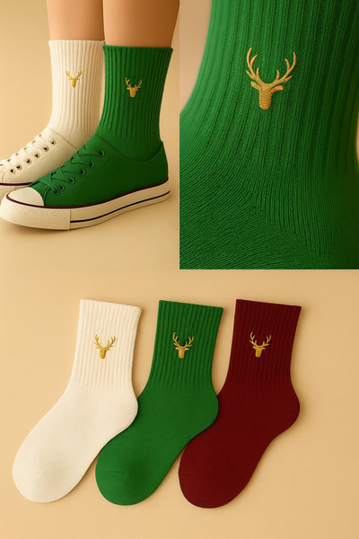 AYDK Unisex Gold Deer Embroidered Summer Winter 3 Pairs Cotton Socks Set