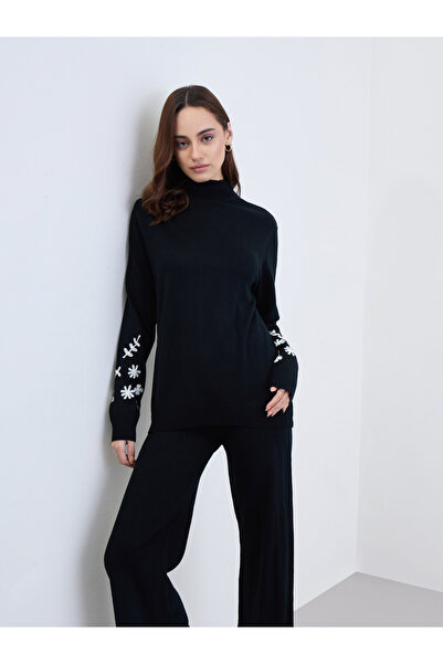 Styli Black Embroidered Sweater and Pants Co-Ords