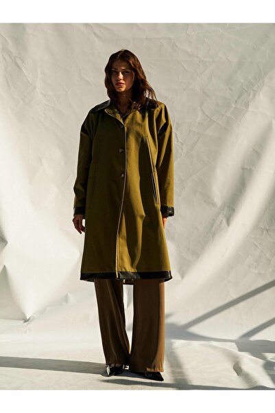 Coral 250462 Deri Yakalı Trençkot Açık Haki