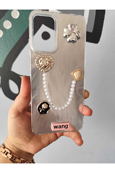 TEKNO Ipohone 11 Pro 3D Kabartmalı İnci Zincirli Fiyonk Parlak Gümüş Kalpli Kapak Kılıf