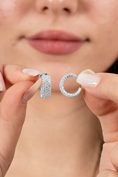 Söğütlü Silver 925 ayar gümüş küpe rodyumlu zirkon taşlı 3 sıra tamtur halka küpe SGTL13163RODAJ