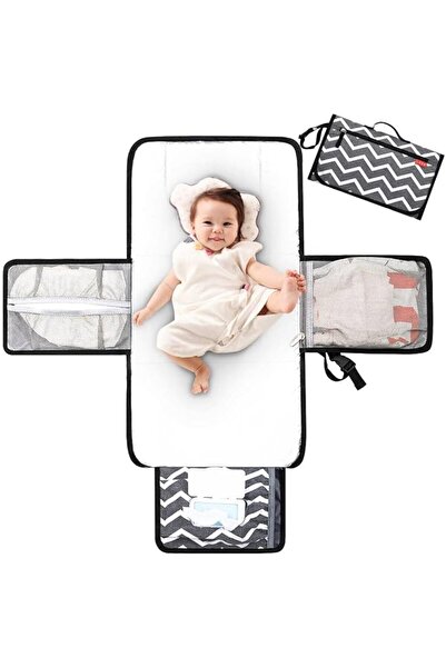 Generic Portable Travel Changing Pad with Wipes Pocket and Head Pillow, Diamond Quilted (Grey Wavy)