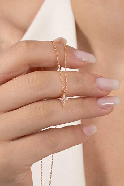 Söğütlü Silver 925 ayar gümüş kolye rose zirkon taşlı minimal kutup yıldızı k...