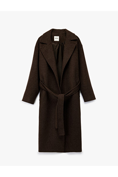 Koton Belted Long Cashmere Coat with Pockets and Long Sleeves