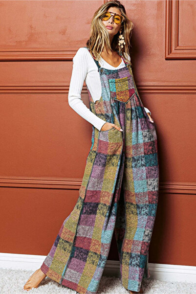 WildFashion Casual jumpsuit with a very loose fit, made of thick multi-colored checked material, multi-colored E1109-100