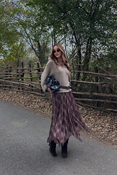 Laluvia Кафява асиметрична пола с квадратен десен - 2210