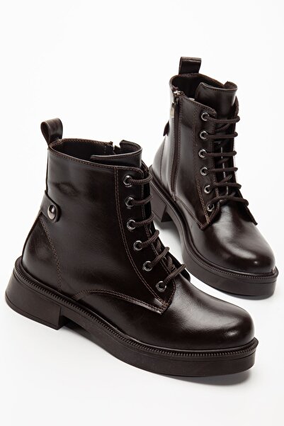 Zerenyus Zri̇n-2003 Premium Brown Wrinkled Patent Leather Lace-Up Zippered Casual Women's Boots