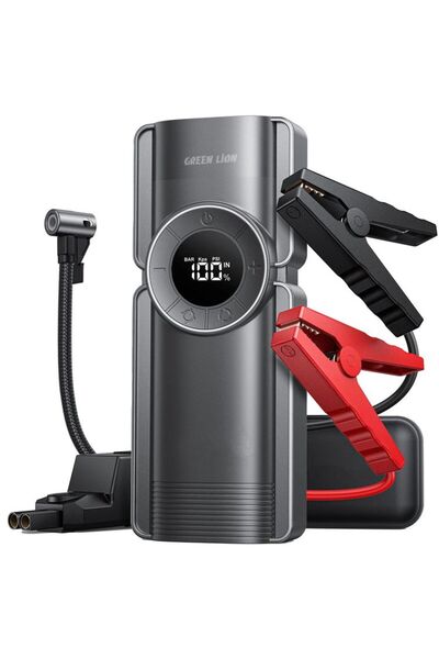 Green Lion Portable Jump Starter with Air Pump, 10000mAh Power Bank, LED SOS Mode - Black