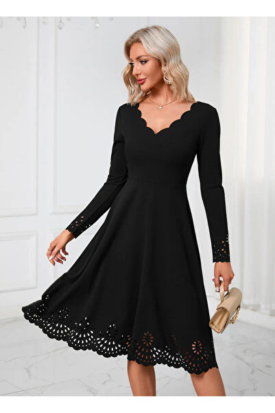 JANES Γυναικείο μακρυμάνικο φόρεμα με λαιμόκοψη σε σχήμα V με λεπτομέρεια κοπής με λέιζερ, φόρεμα για ειδικές περιστάσεις