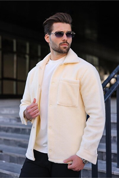 Madmext Ανδρικό παλτό πουκάμισο εκρού με κούμπωμα και πλαϊνές τσέπες E6769