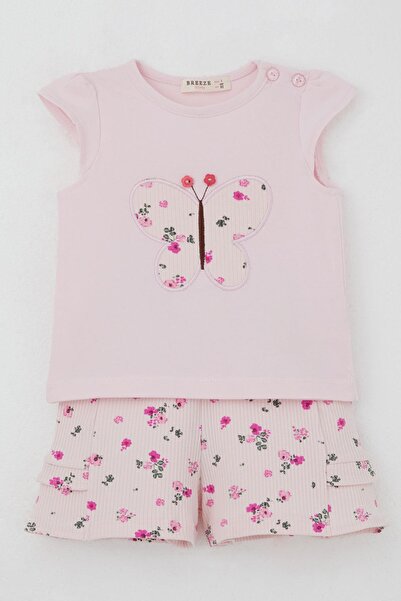 Breeze Baby Girl Shorts Set Flower Printed Butterfly Embroidered Button Accent Pieces 6 Months-2 Years, Pink