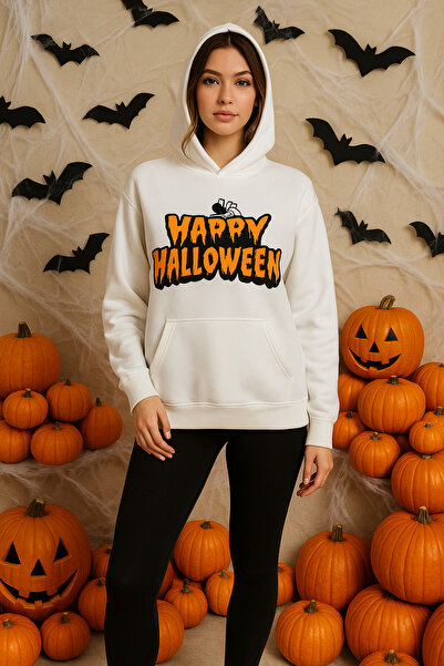 ocke Women's White Halloween Printed Hooded Hoodie Sweatshirt
