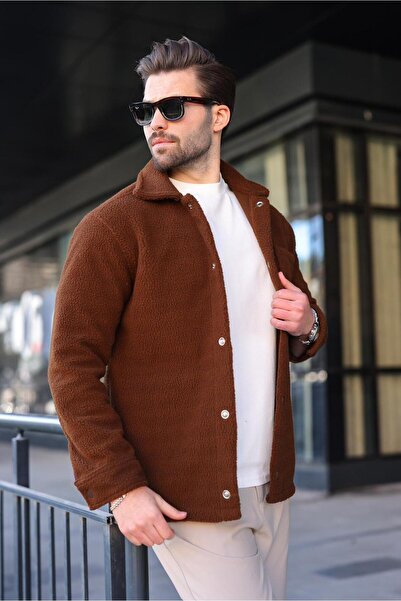 Madmext Ανδρικό παλτό πουκάμισο καφέ με πλαϊνές τσέπες με κούμπωμα E6769