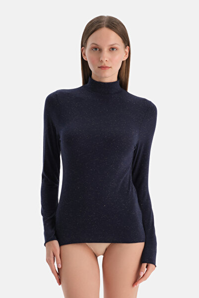 Dagi Navy Blue Lureks Modal Cashmere Turtleneck Long Sleeve Top