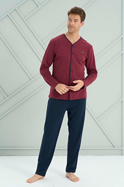 REMSA Чоловічий трикотажний піжамний комплект з довгими рукавами та ґудзиками 2227 Бордо02