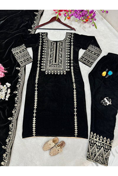 MYSMAR Black Viscose Velvet Top Bottom & Dupatta - HRT5523 | Black