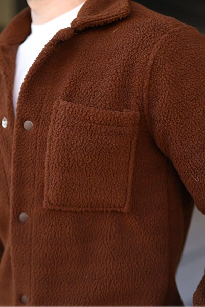 Madmext Ανδρικό παλτό πουκάμισο καφέ με πλαϊνές τσέπες με κούμπωμα E6769