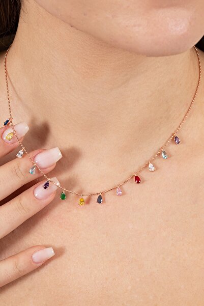 Söğütlü Silver 925 ayar gümüş kolye rose renkli zirkon taşlı top zincirli dam...