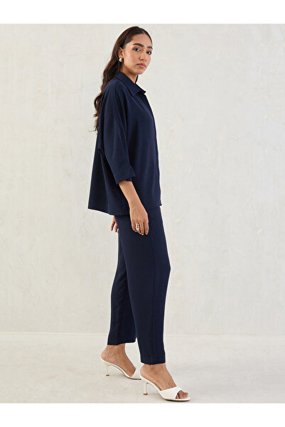Femmella By Styli Navy Kimono Sleeve Shirt and Trousers Co-Ords