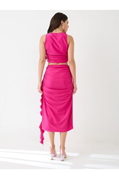 Globus By Styli Pink Ruffle Draped Crop Top and Skirt Co-ords