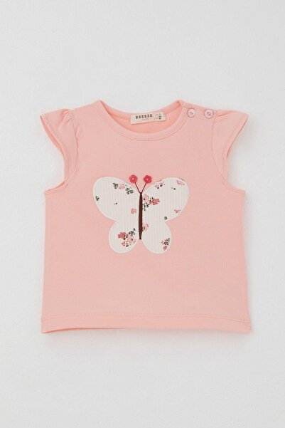 Breeze Baby Girl Shorts Set Flower Printed Butterfly Embroidered Button Accent Pieces 6 Months-2 Years, Salmon