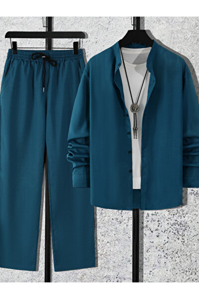 Take Two By Styli Men Teal Stand Collar Shirt and Pants Co-Ords