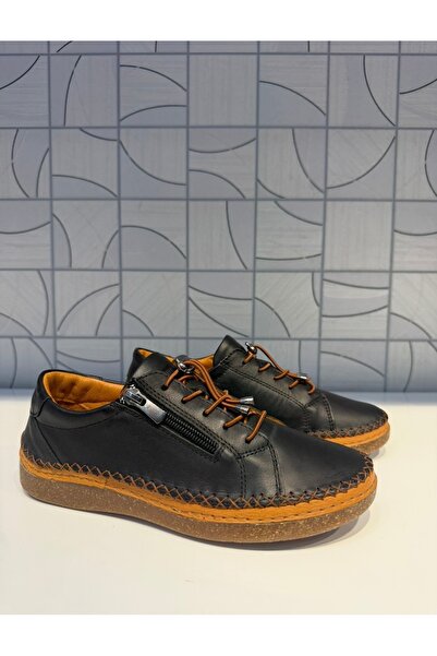 Anıl Ayakkabı Napa 8207 Women's Black Rubber Laced Zippered Daily Sports Orthopedic Shoes