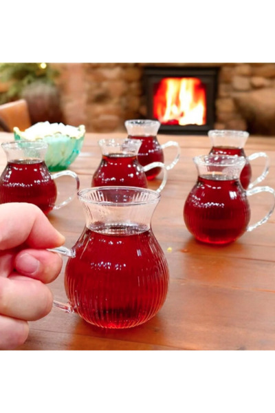 KNBCONCEPT ÇİZGİLİ BOROSİLİKAT CAM KULPLU ÇAY BARDAĞI 6'LI ISIYA DAYANIKLI