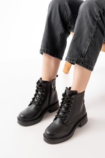 Zerenyus ZRİN-2003 Premium Μαύρες Γυναικείες Μπότες με κορδόνια και φερμουάρ Galata