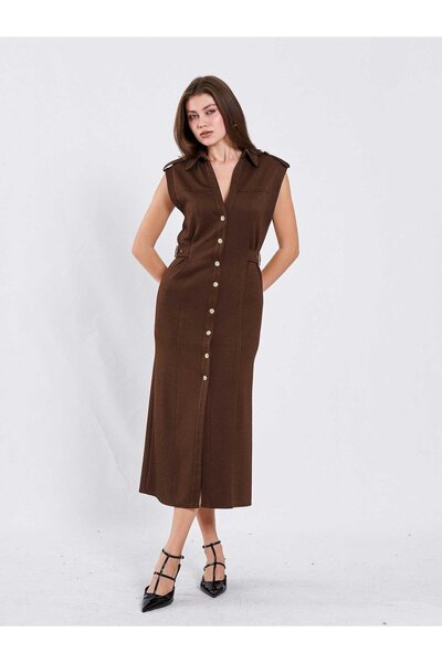 Coral 111636 Omzu Apoletli Örme Elbise Kahve