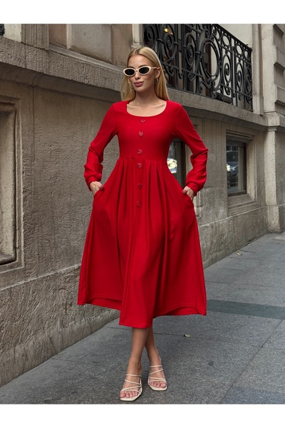 Tubik Women's U-Neck Button Detailed Pocketed Ottoman Fabric Dress