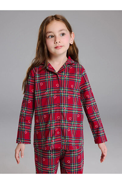 LC Waikiki Red Shirt Collar Plaid Girls Pajama Set