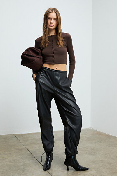 GRIMELANGE Sway Women's Round Neck Functional Button Closure Front Flexible Fabric Crop Brown Blouse