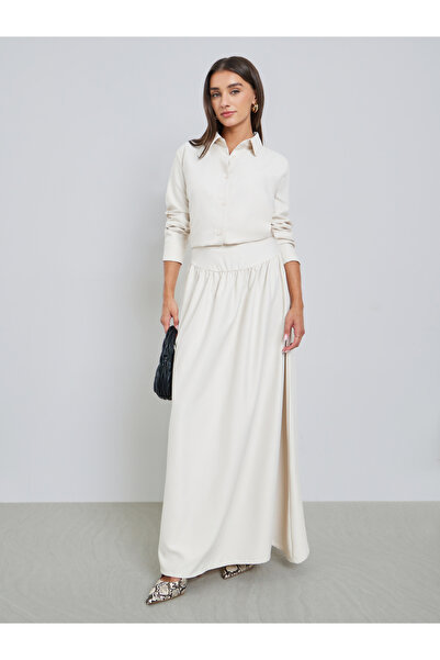 Styli Off White Solid Shirt and Maxi Skirt Co-ords