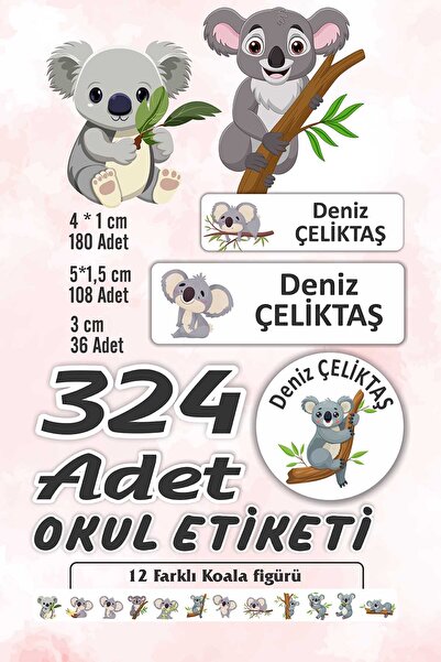 Vice isim Baskılı Defter Kalem Okul Etiketi (324 Adet Koala Temalı Etiketi )