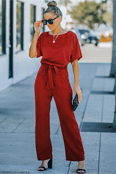 WildFashion Elegant long jumpsuit with short sleeves, red A866-3